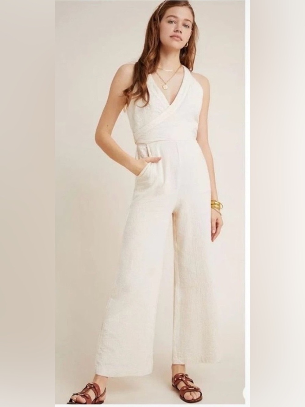 Anthropologie Demi Gauze Cotton Wide Leg Jumpsuit Cream Textured Size 2